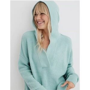 Aerie Hoodie Medium Waffle Knit Blue V Neck Oversized Chunky Stretch Lounge Cozy